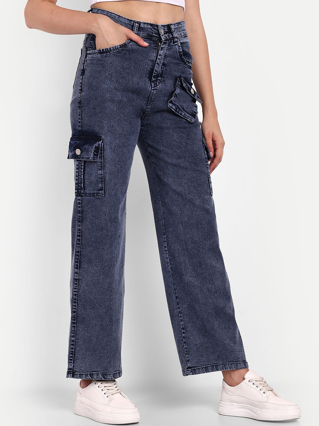 

BROADSTAR Women Smart Wide Leg High-Rise Heavy Fade Stretchable Cargo, Navy blue