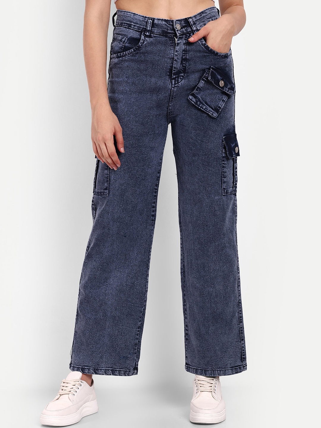

BROADSTAR Women Smart Wide Leg High-Rise Clean Look Heavy Fade Stretchable Cargos, Navy blue