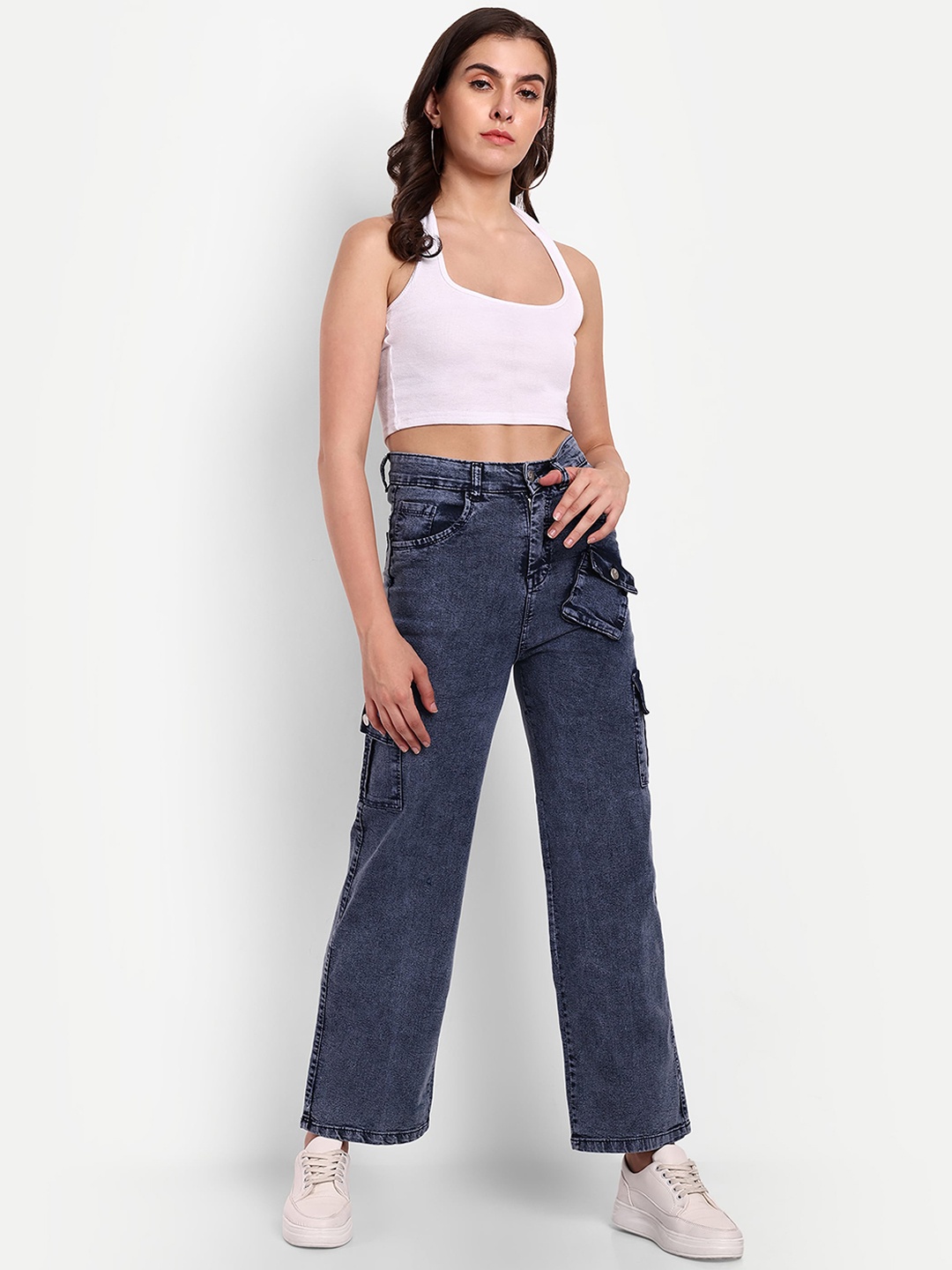 

BROADSTAR Women Smart Wide Leg High-Rise Heavy Fade Stretchable Cargos, Navy blue