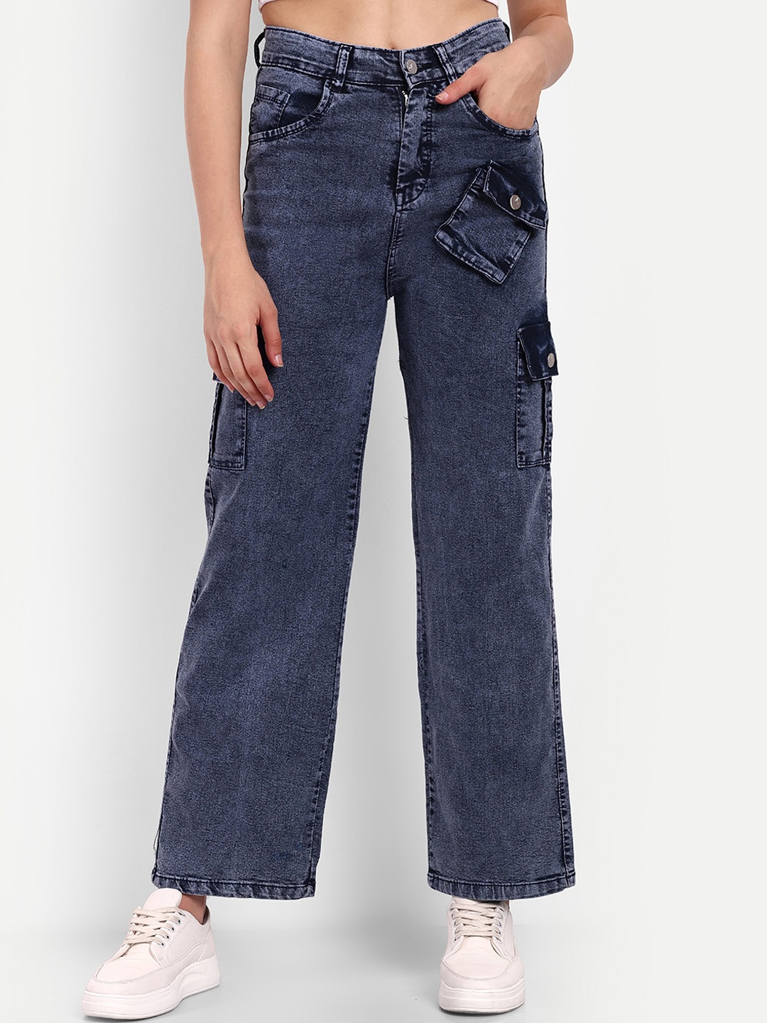 

Next One Women Smart High-Rise Clean Look Heavy Fade Wide Leg Stretchable Jeans, Navy blue