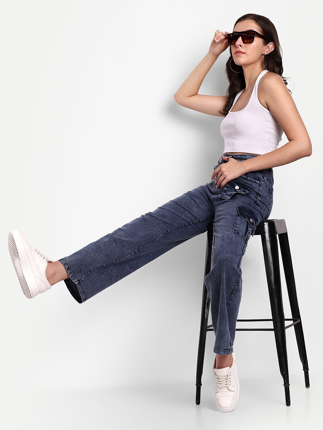 

Next One Women Smart Wide Leg High-Rise Clean Look Cargo Jeans, Navy blue