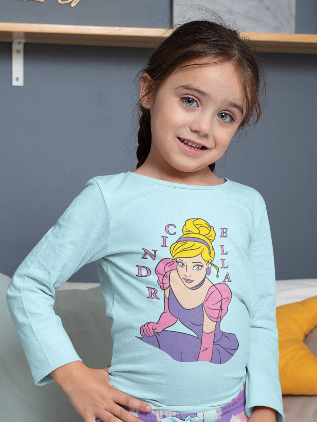 

KINSEY Girls Humour & Comic Cinderella Printed Long Sleeves T-shirt, Turquoise blue