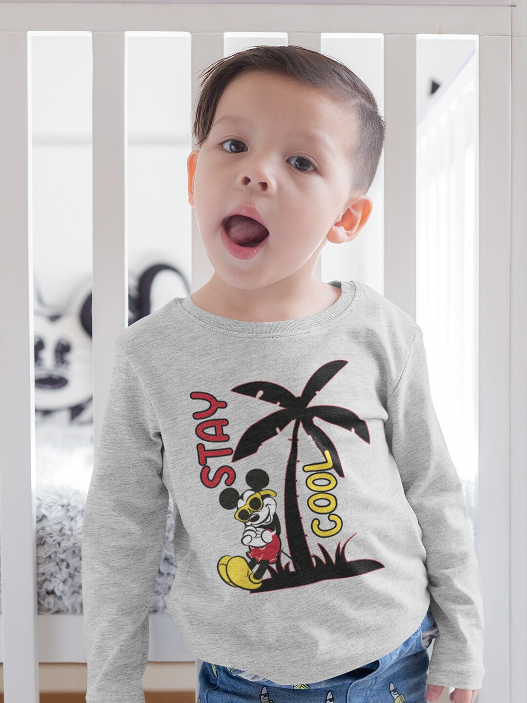 

KINSEY Boys Mickey Mouse Printed Round Neck Cotton T-shirt, Grey melange