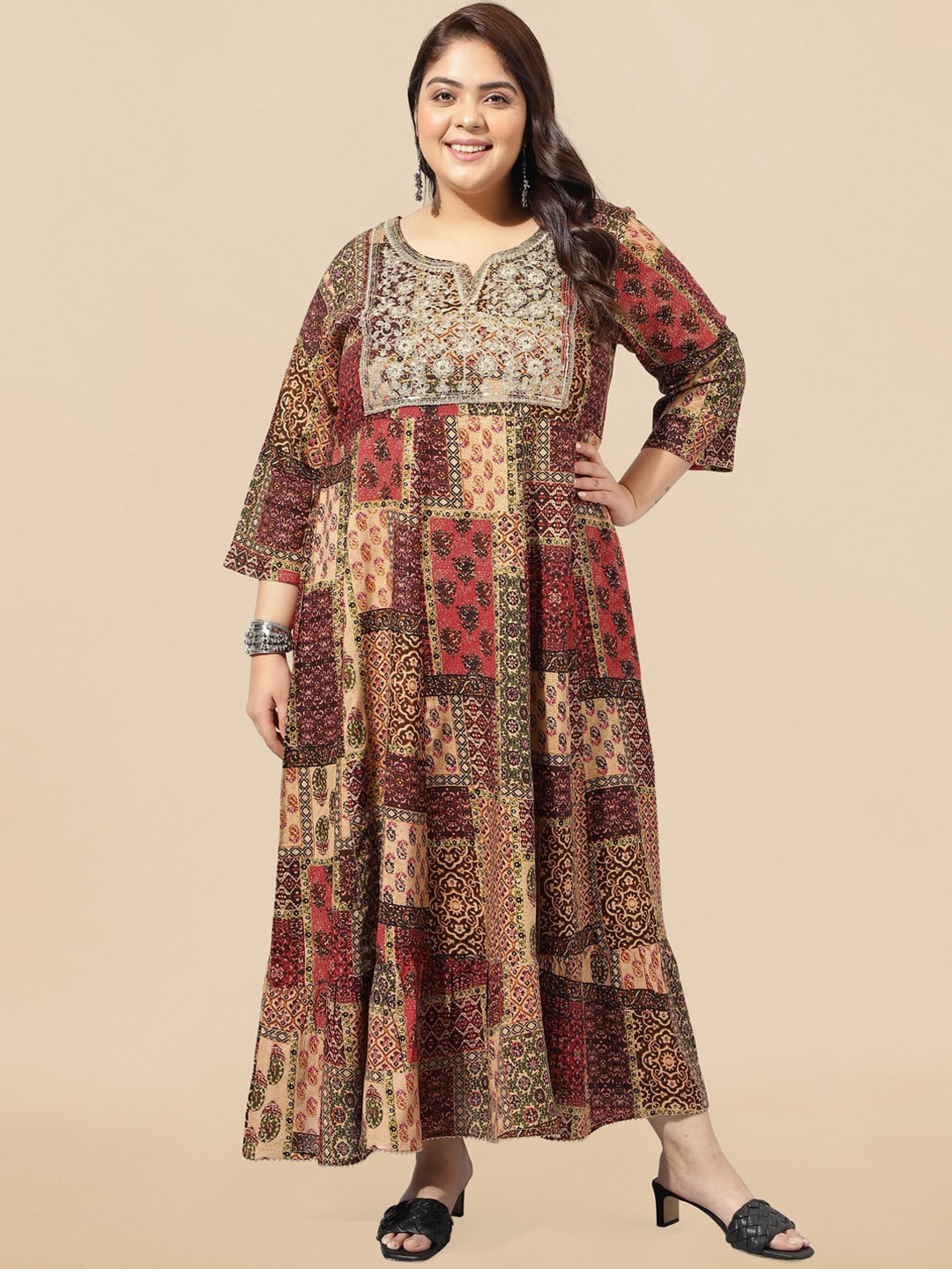 

MIRCHI FASHION Ethnic Motifs Block Printed A-Line Maxi Ethnic Dress, Beige