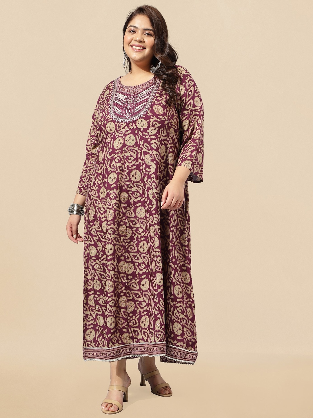 

MIRCHI FASHION Plus Size Abstract Printed Sequinned A-Line Maxi Ethnic Dress, Maroon