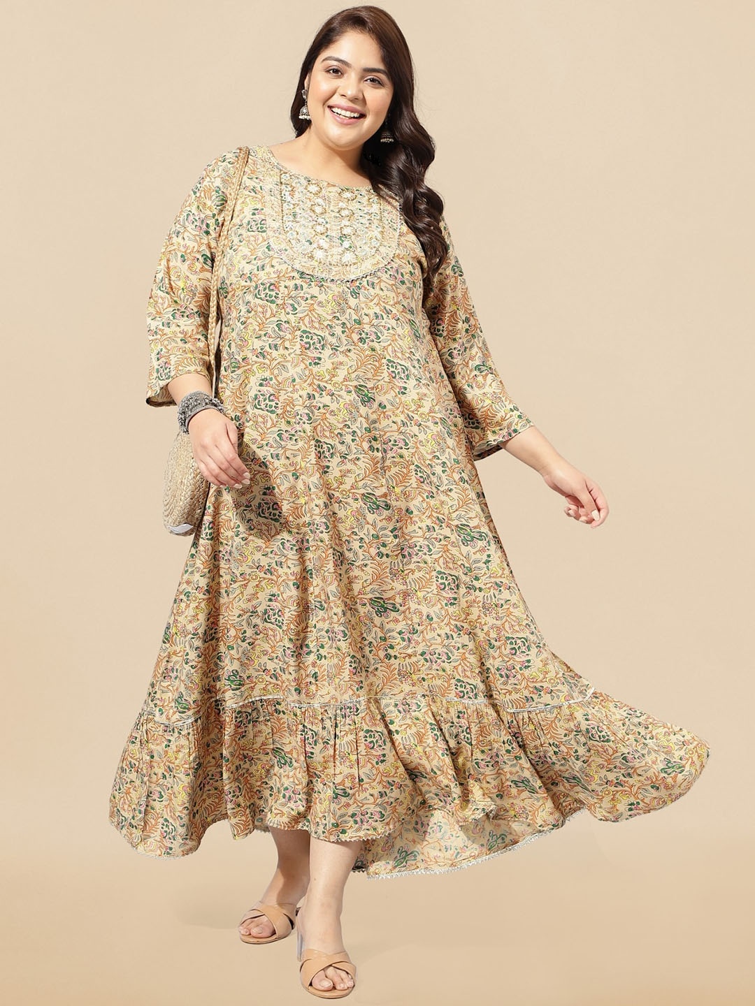 

MIRCHI FASHION Plus Size Floral Printed Sequinned A-Line Maxi Ethnic Dress, Beige