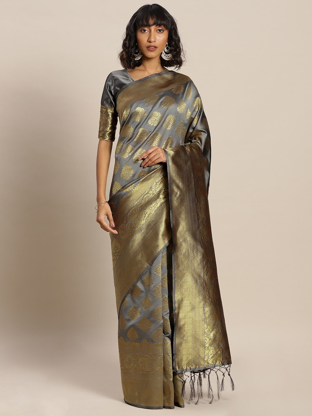 

Ishin Ethnic Motifs Woven Design Zari Banarasi Saree, Grey