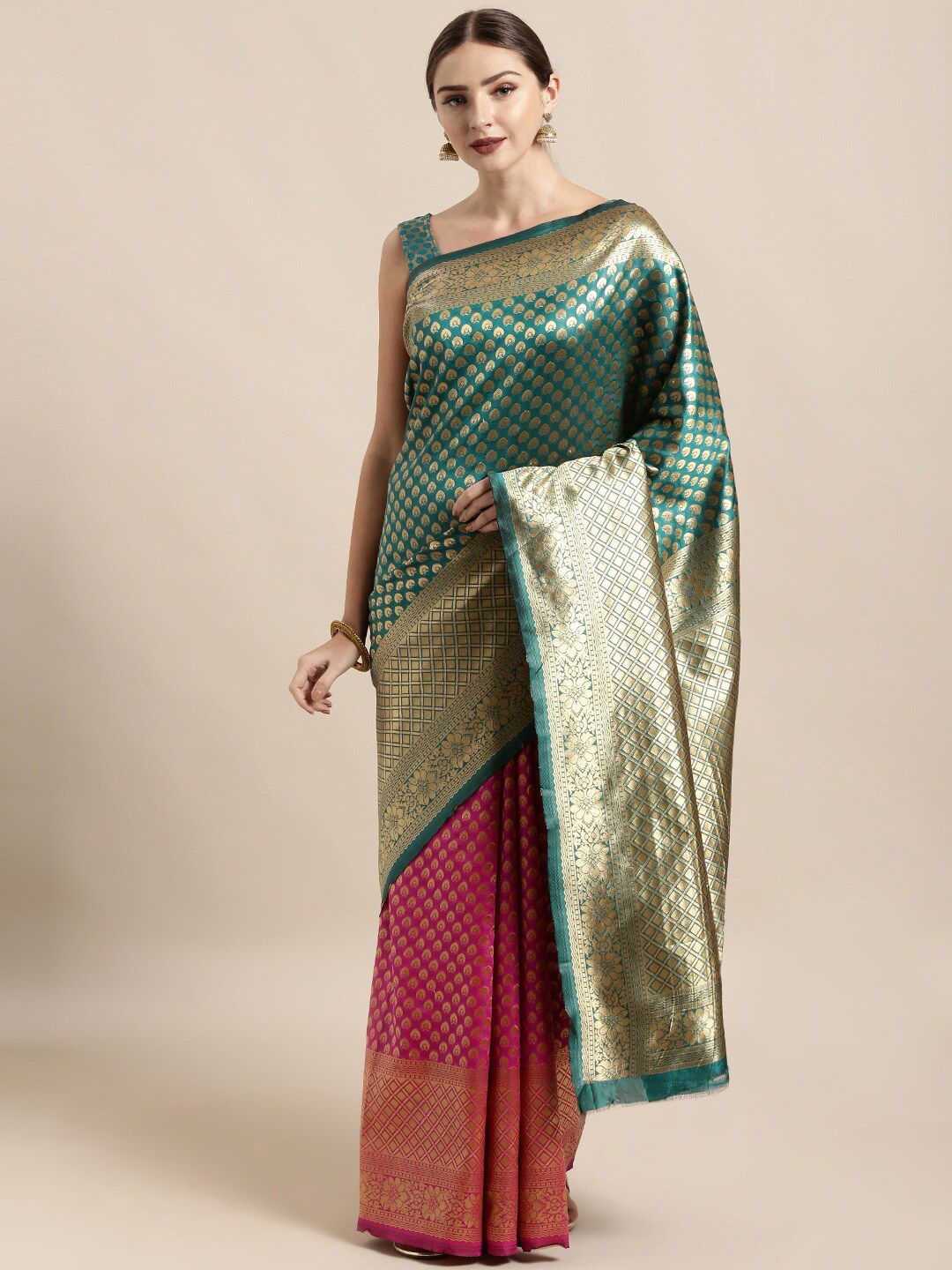 

Ishin Green & Pink Ethnic Motifs Woven Design Zari Banarasi Saree