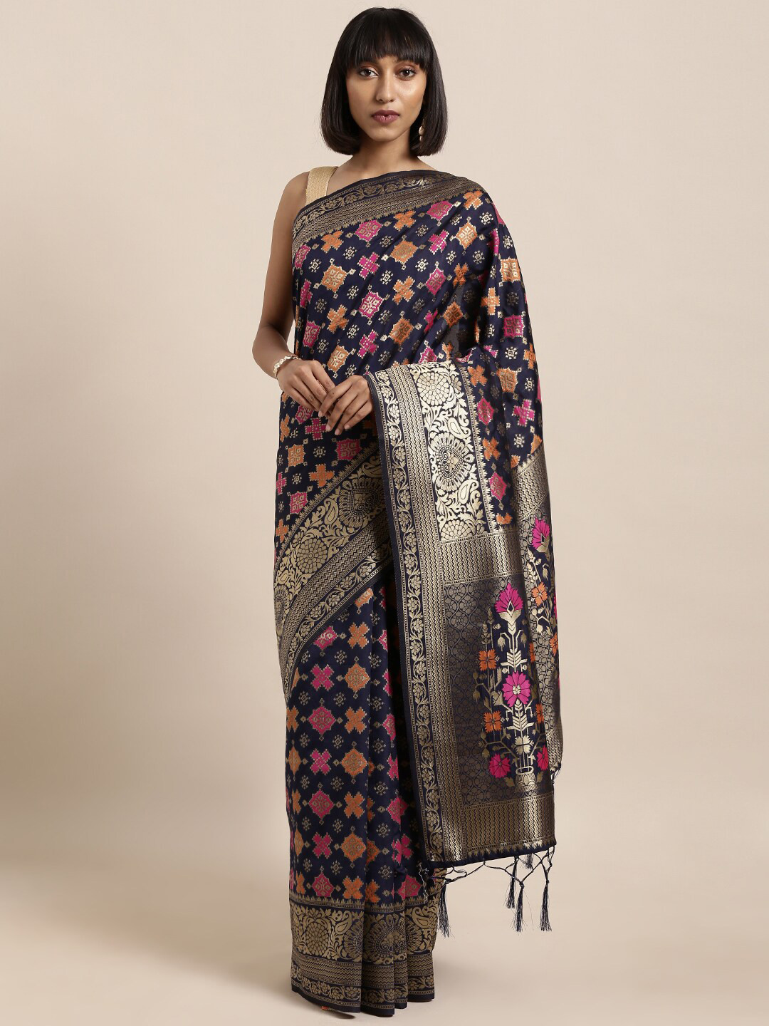 

Ishin Woven Design Zari Silk Blend Banarasi Saree, Navy blue