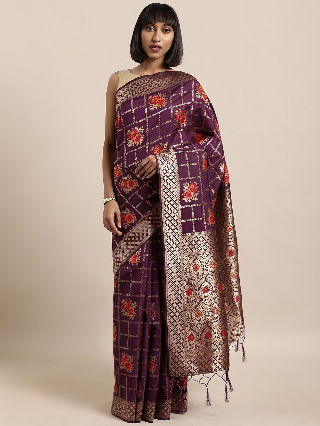 

Ishin Floral Woven Design Zari Silk Blend Banarasi Saree, Purple