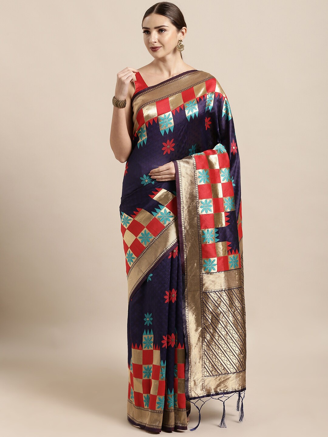 

Ishin Ethnic Motifs Woven Design Zari Banarasi Saree, Navy blue