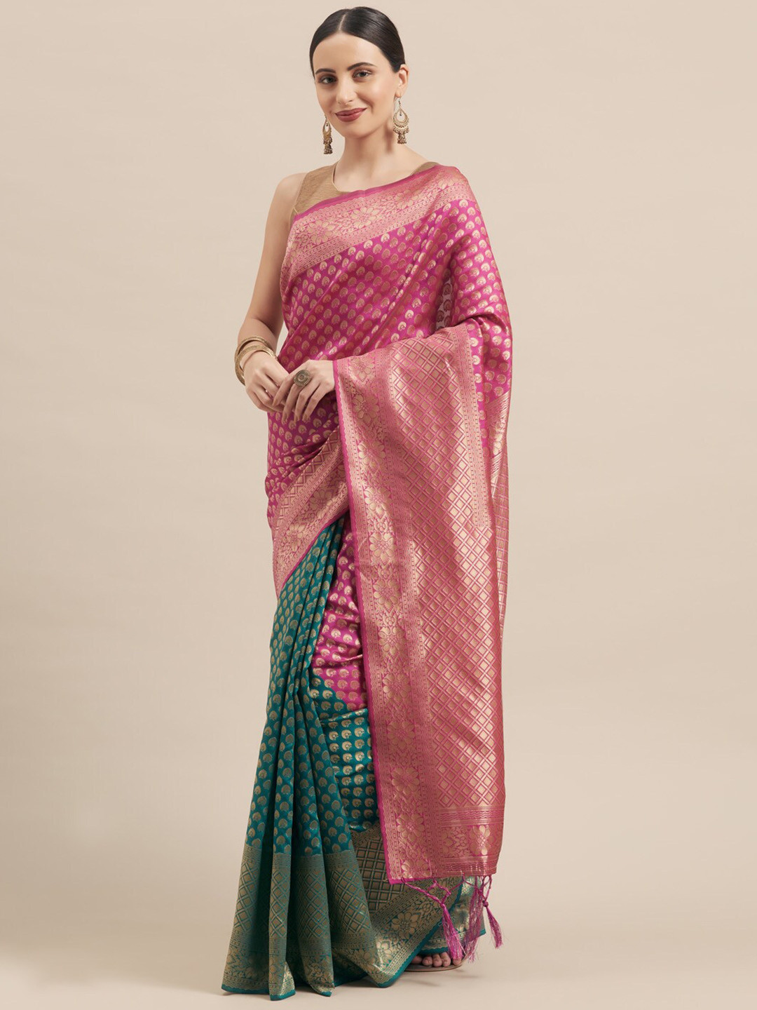 

Ishin Ethnic Motifs Woven Design Zari Banarasi Saree, Green