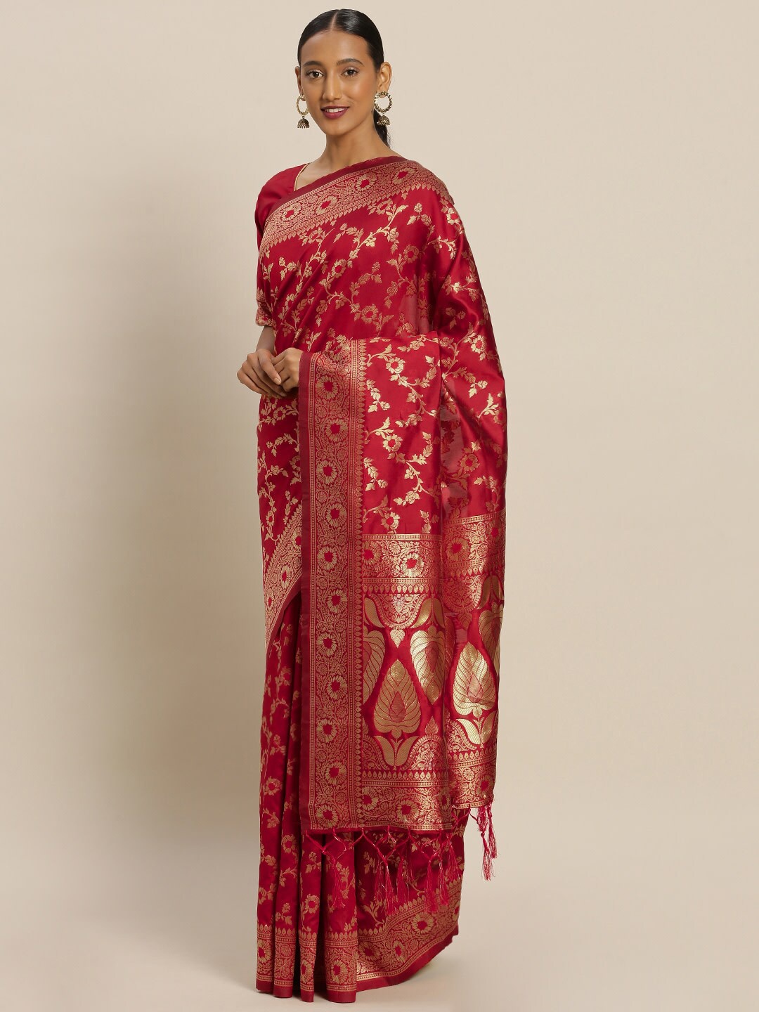 

Ishin Red & Gold-Toned Ethnic Motif Woven Design Zari Banarasi Saree