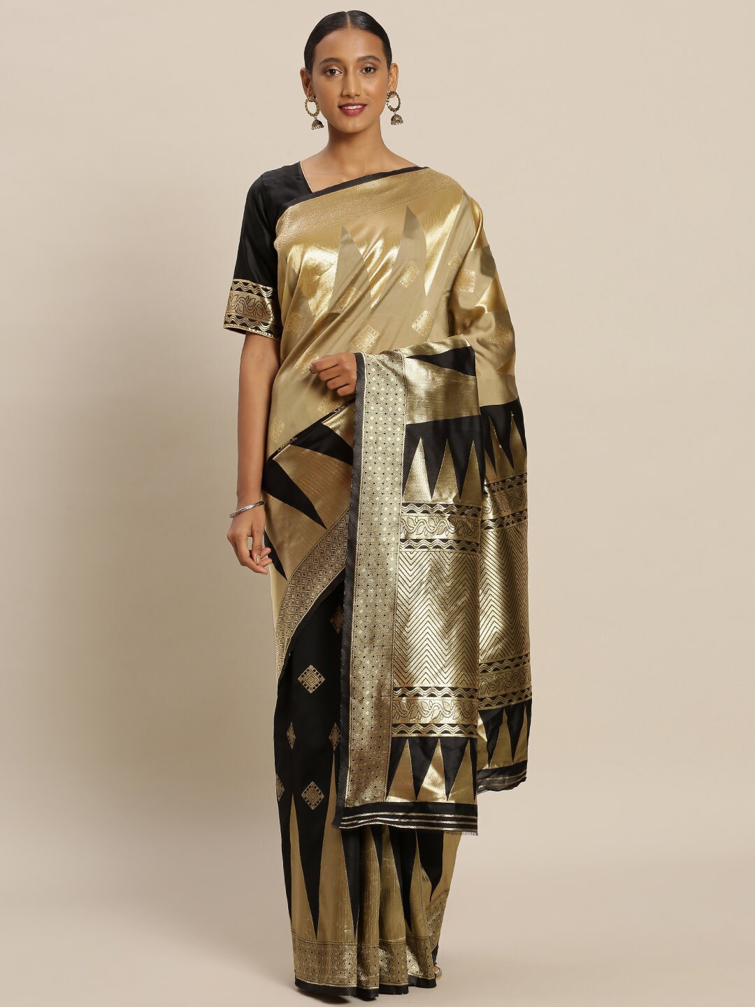 

Ishin Cream-Coloured & Black Ethnic Motifs Woven Design Zari Banarasi Saree