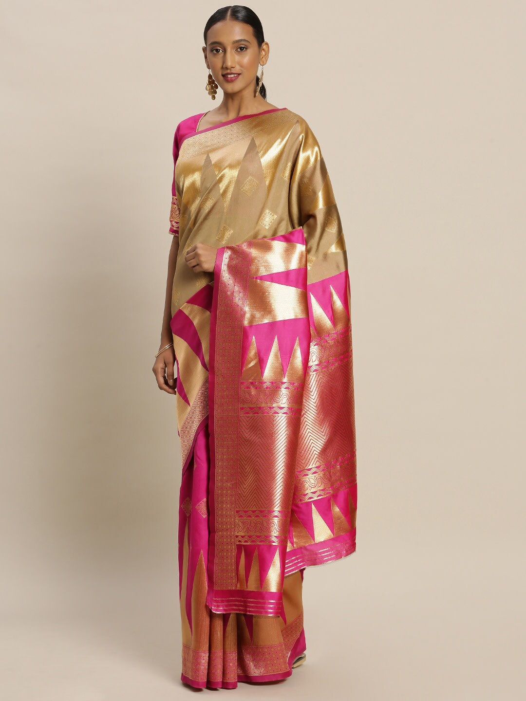 

Ishin Beige & Pink Ethnic Motifs Woven Design Zari Banarasi Saree