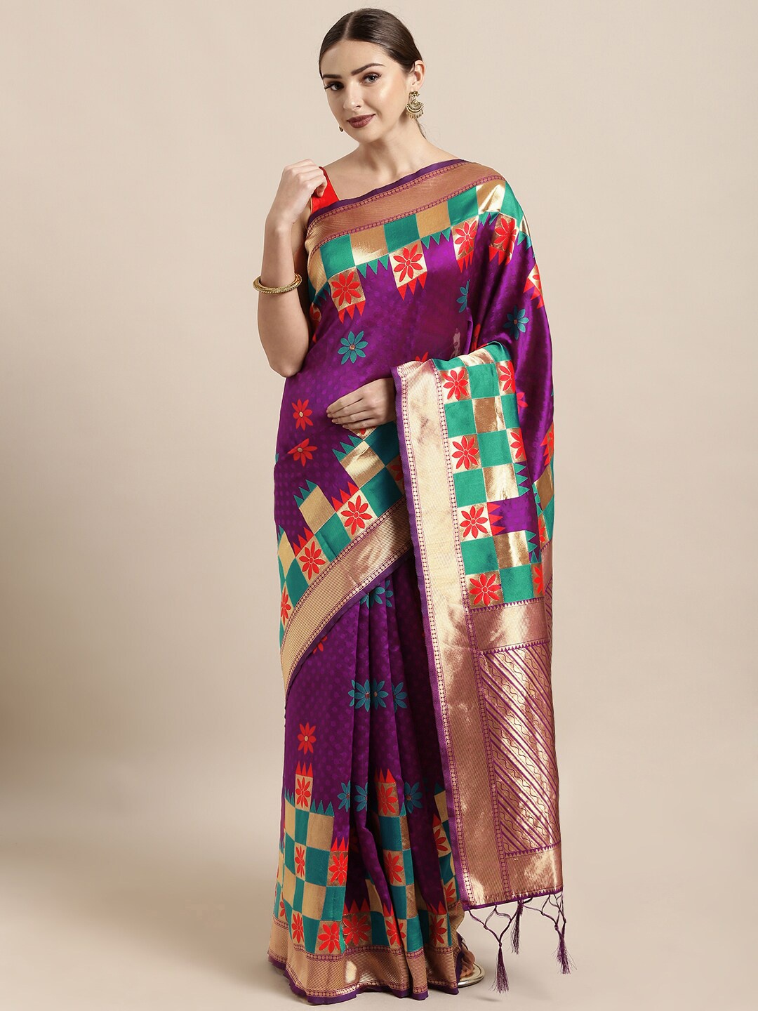 

Ishin Purple & Gold-Toned Floral Woven Design Zari Banarasi Saree