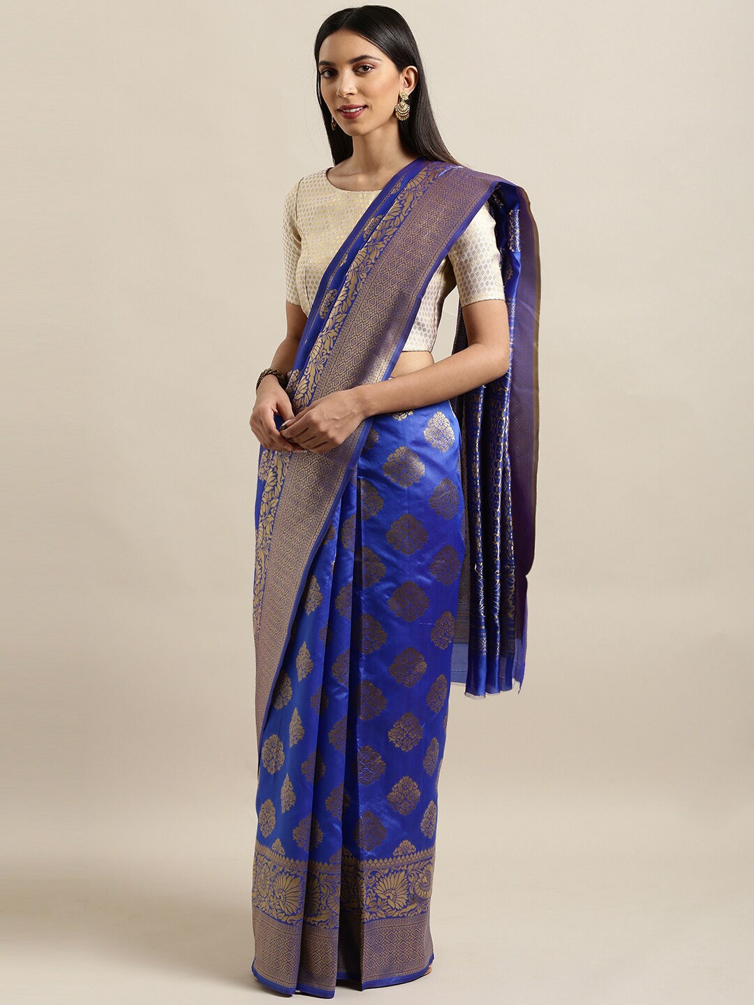

Ishin Blue & Gold-Toned Ethnic Motifs Woven Design Zari Banarasi Saree