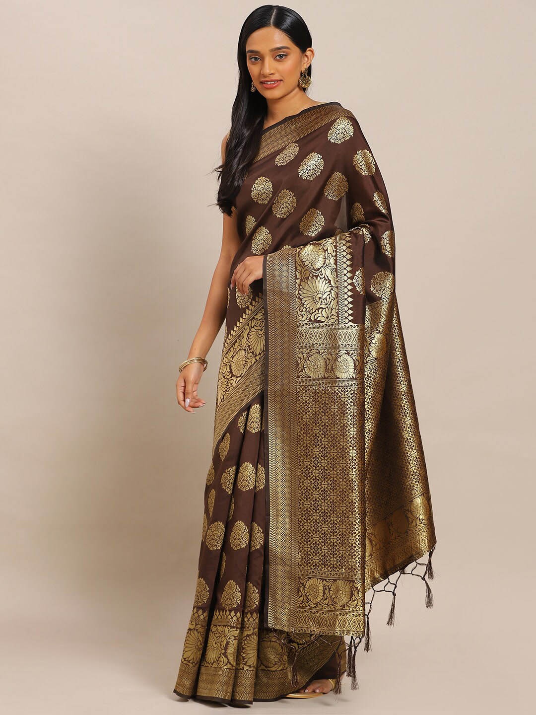 

Ishin Woven Design Zari Silk Blend Banarasi Saree, Coffee brown