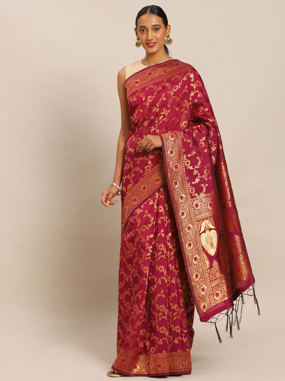 

Ishin Woven Design Zari Silk Blend Banarasi Saree, Burgundy