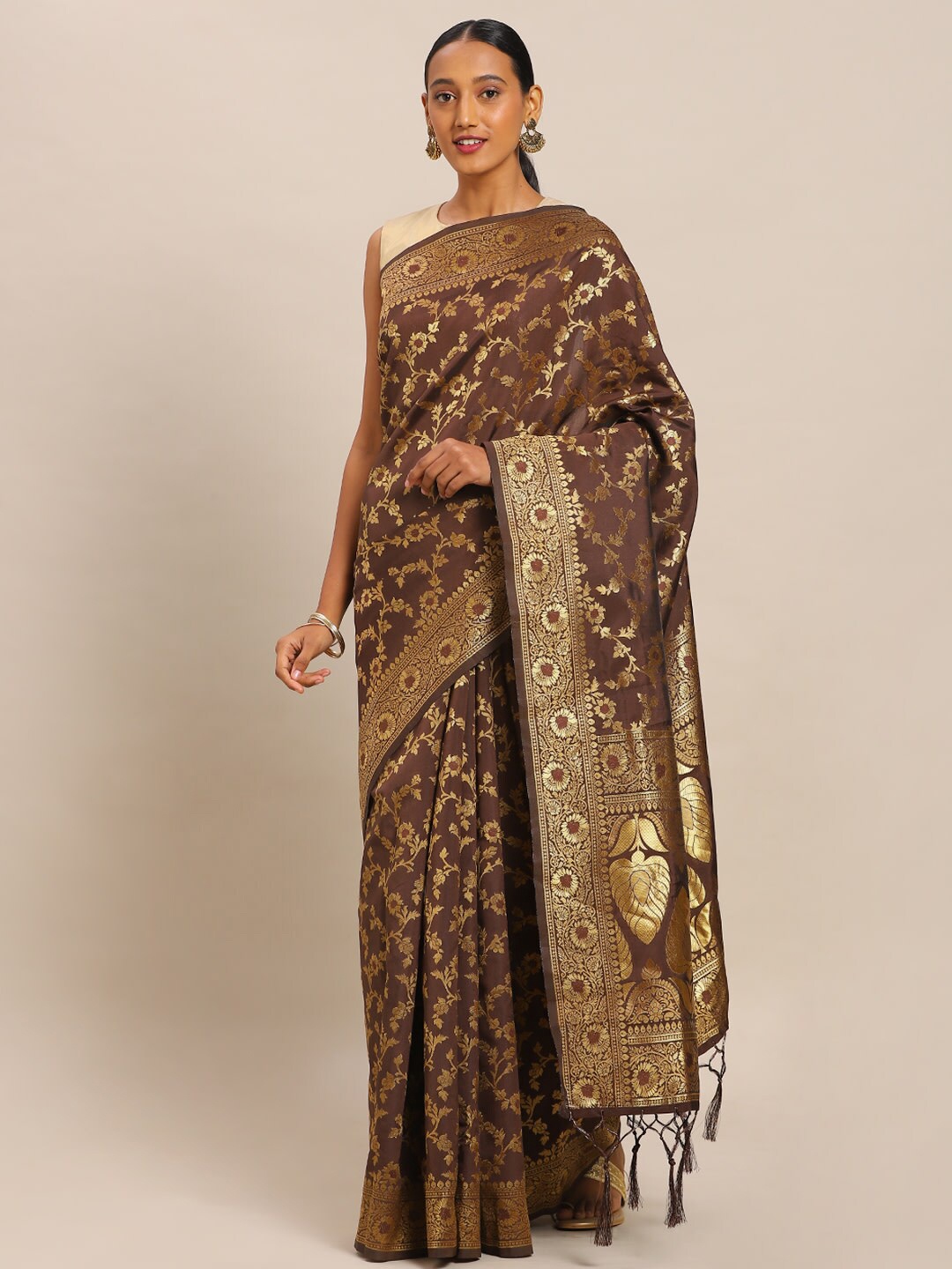 

Ishin Camel Brown & Gold-Toned Woven Design Zari Silk Blend Banarasi Saree