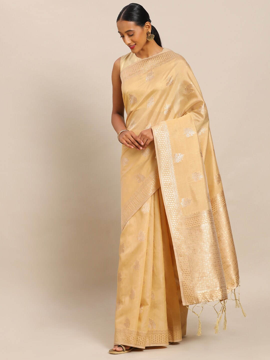 

Ishin Woven Design Zari Silk Blend Banarasi Saree, Beige