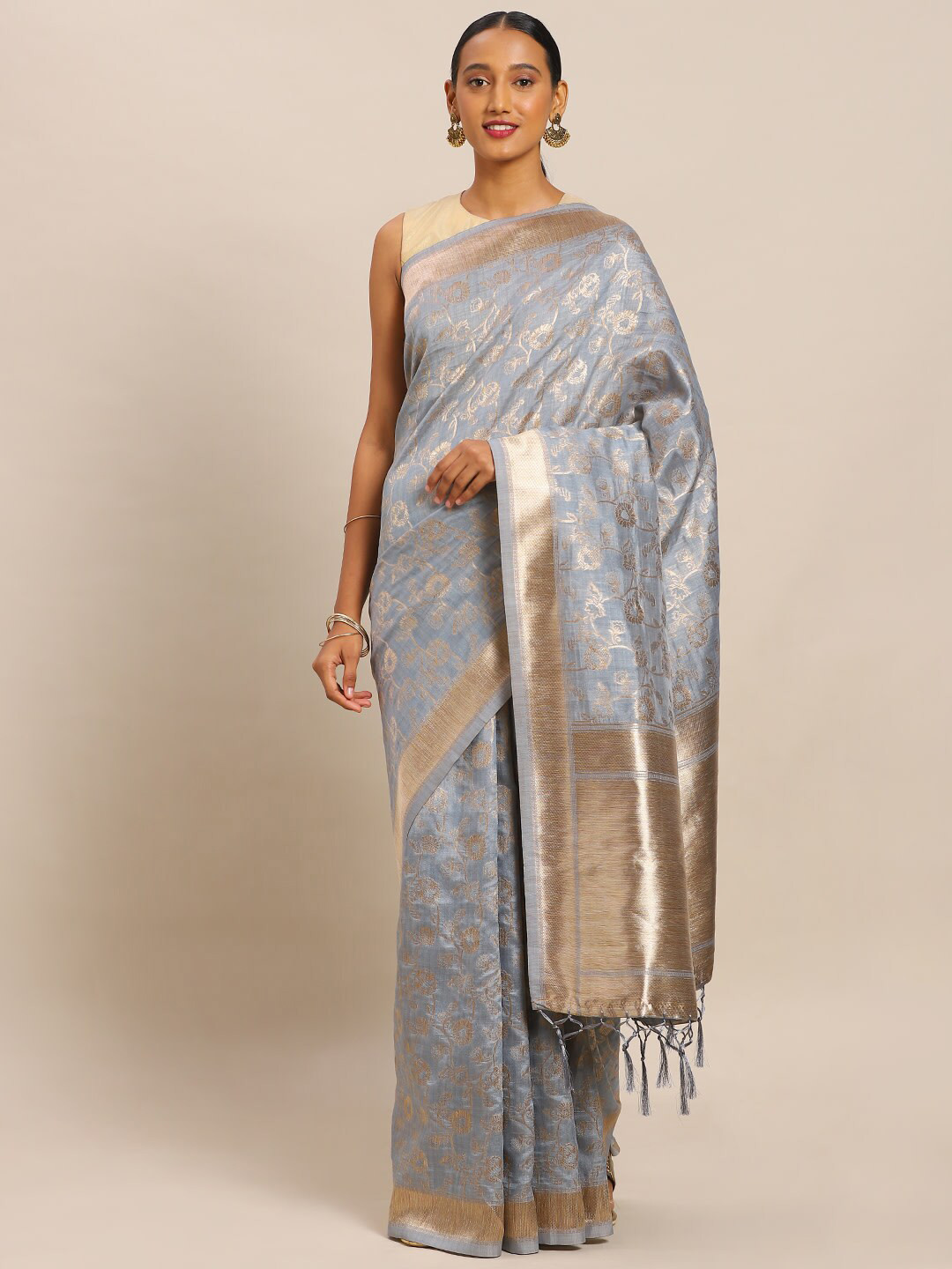 

Ishin Woven Design Zari Silk Blend Banarasi Saree, Grey
