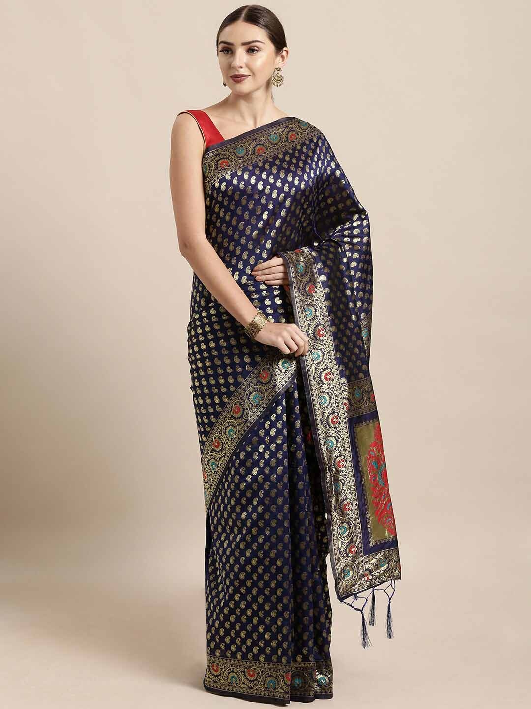 

Ishin Ethnic Motifs Woven Design Zari Silk Blend Banarasi Saree, Navy blue