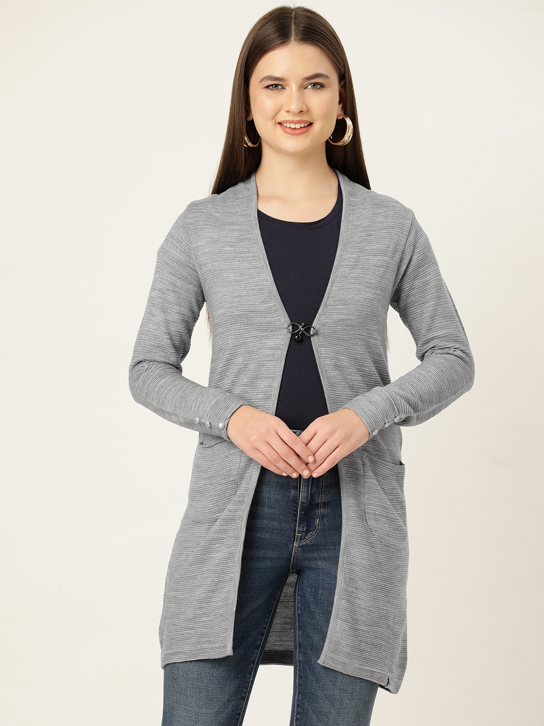 

Monte Carlo Women Self Design Longline Cardigan, Grey melange