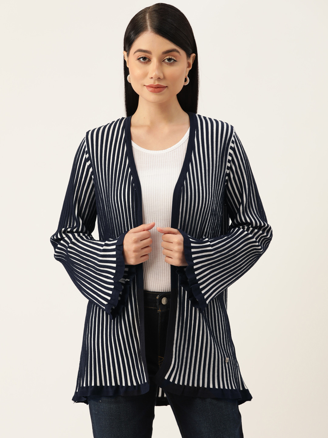 

Monte Carlo Striped Longline Front-Open Sweater, Navy blue