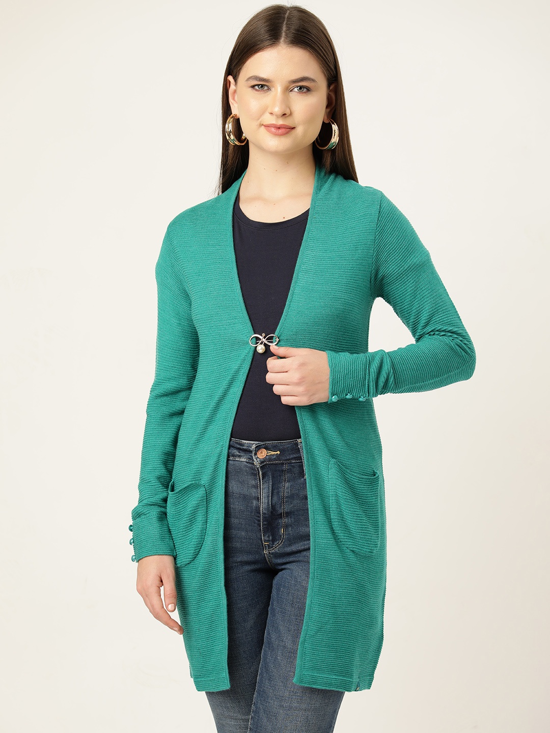 

Monte Carlo Women Self Design Front Open Longline Cardigan, Sea green