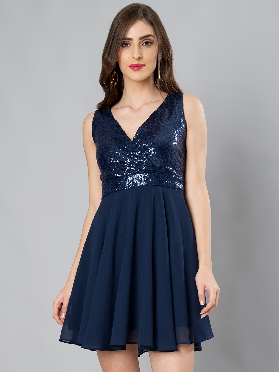 

FabAlley Women Navy Blue Solid Fit and Flare Dress