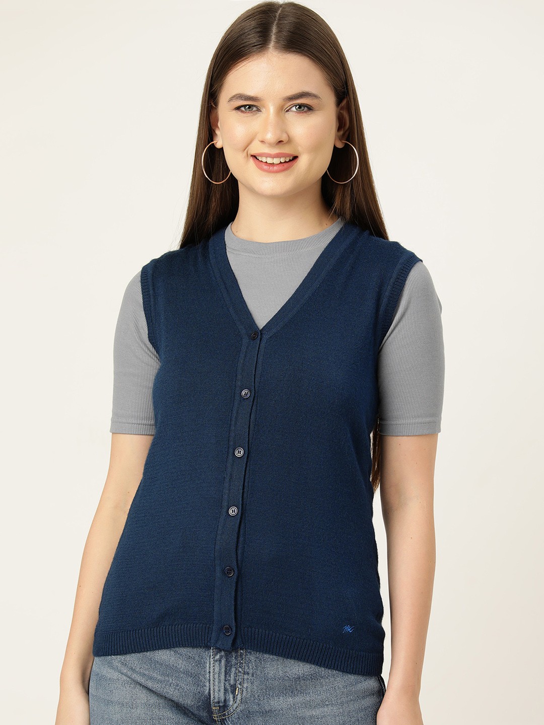 

Monte Carlo Women Solid Sleeveless Cardigan, Navy blue