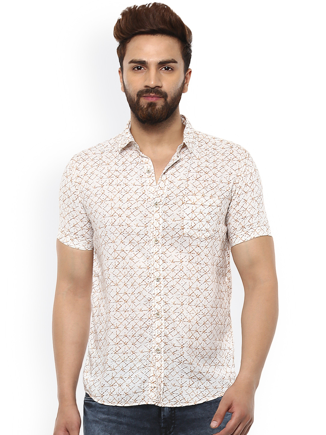 

Mufti Men White & Khaki Slim Fit Printed Casual Shirt