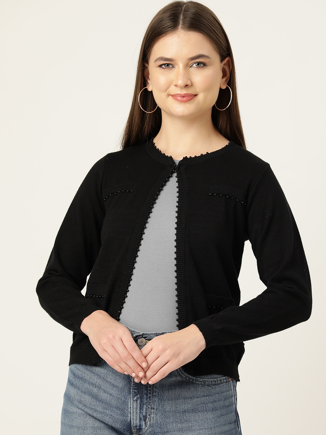 

Monte Carlo Women Beaded Detail Front-Open Sweater, Black