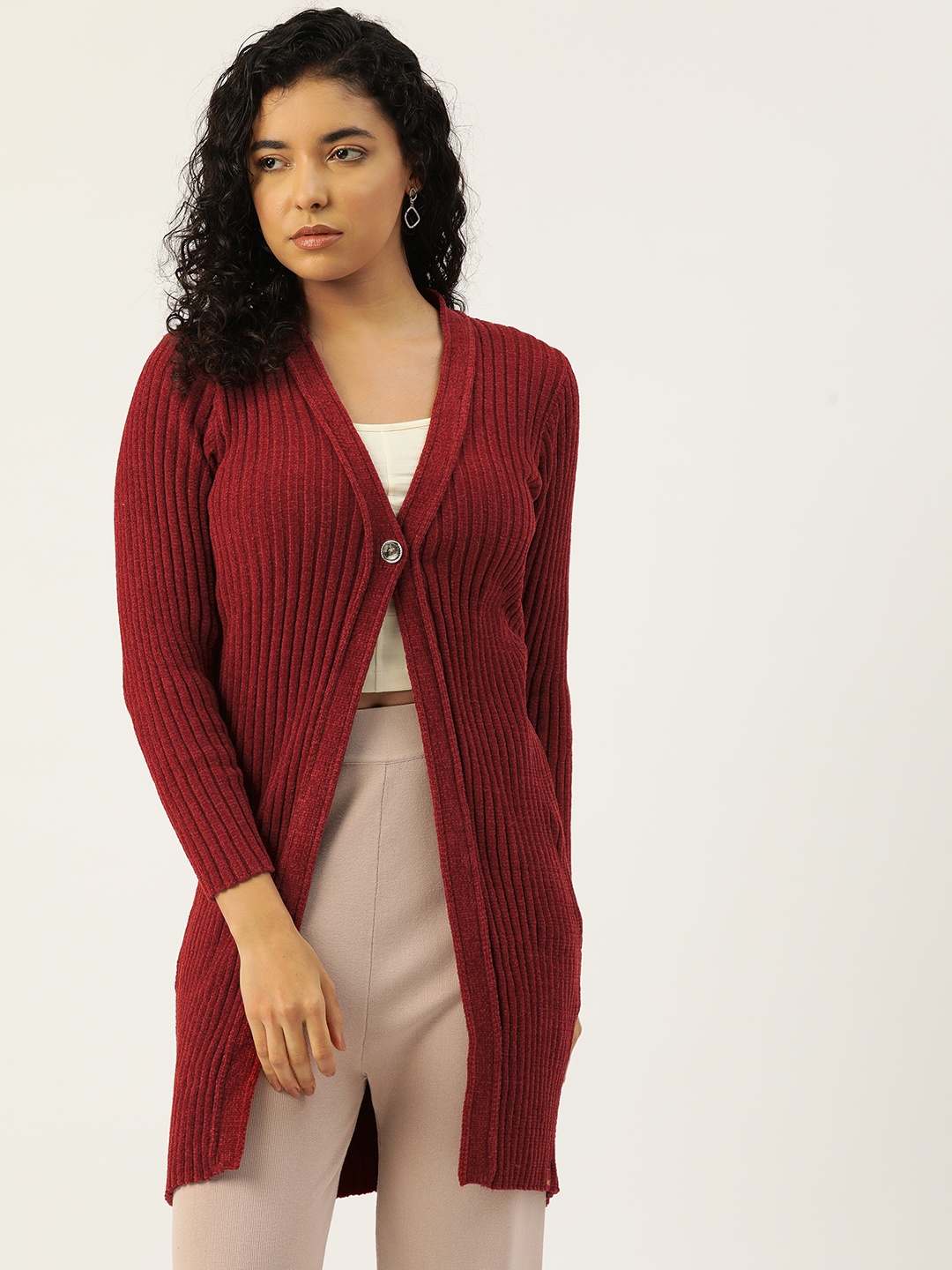 

Monte Carlo Women Ribbed Longline Cardigan, Maroon