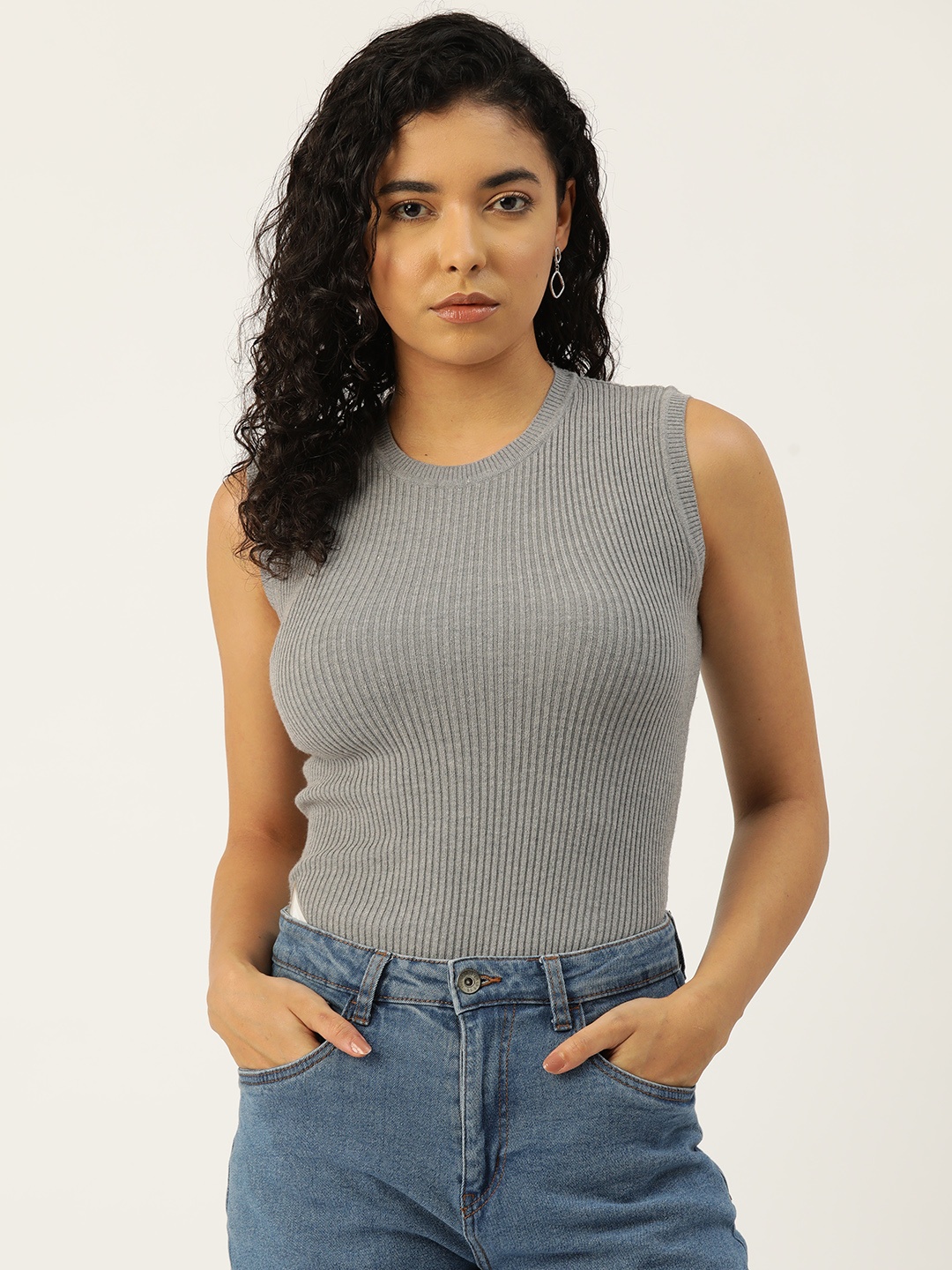 

Monte Carlo Women Ribbed Sleeveless Pullover, Grey