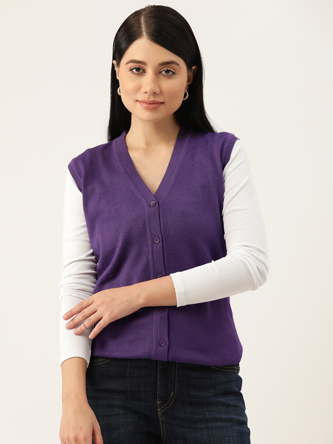 

Monte Carlo Women Solid Sleeveless Cardigan, Purple