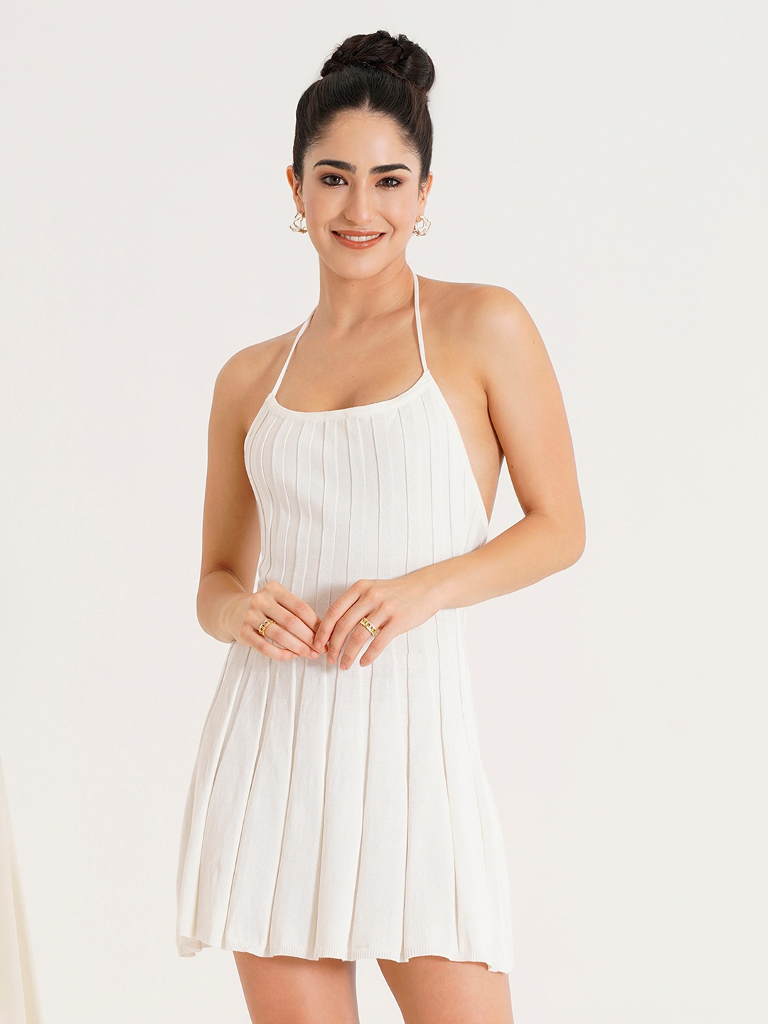

PRIZO Halter Neck Shoulder Straps Pleated Cotton Fit & Flare Mini Dress, White