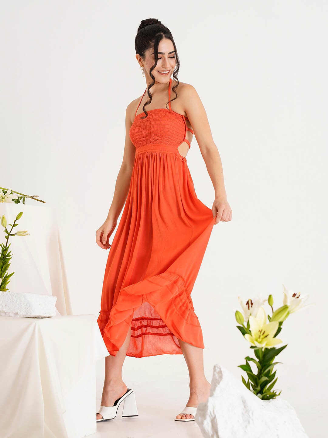 

PRIZO Shoulder Straps Fit & Flare Midi Dress, Orange