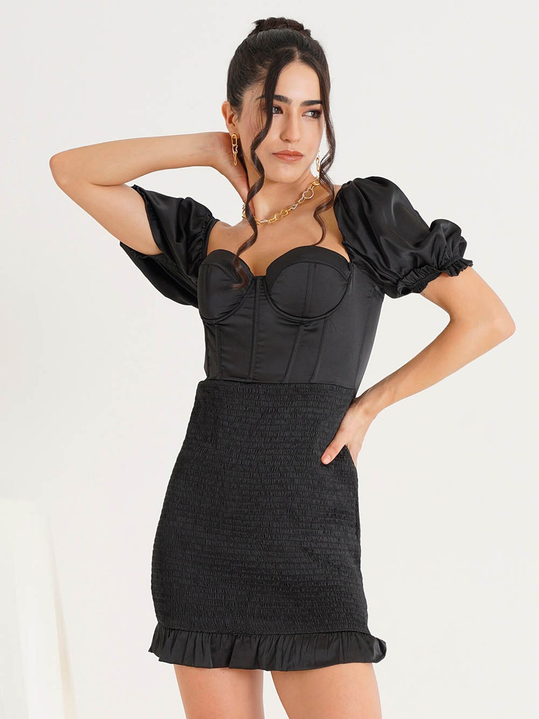 

PRIZO Sweetheart Neck Smocked Puff Sleeves Cotton Linen Sheath Mini Dress, Black