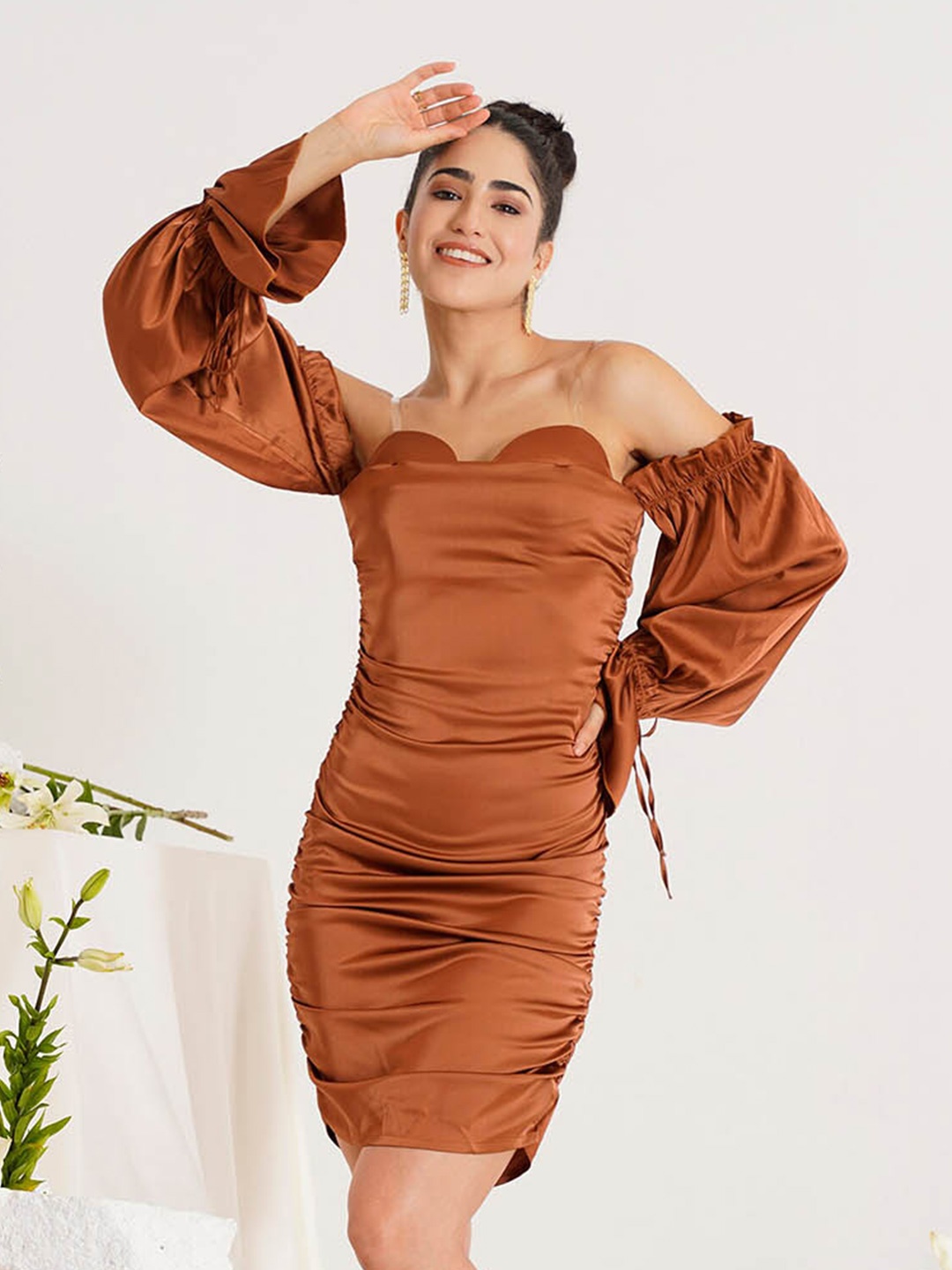 

PRIZO Ruched PuffSleeves Satin Bodycon Dress, Brown