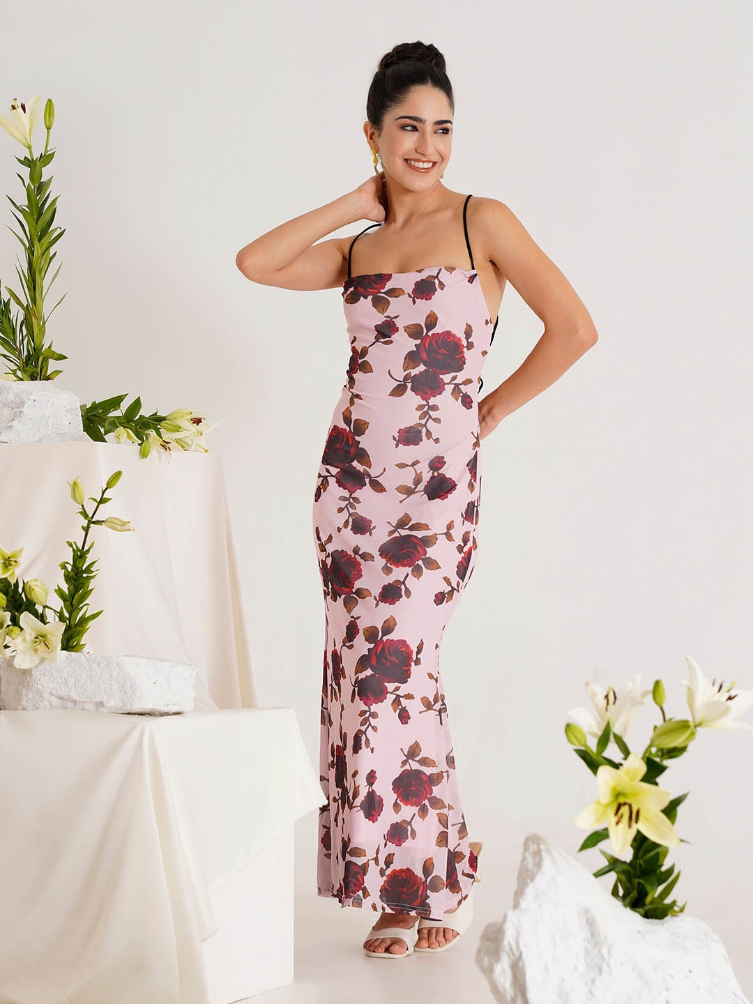 

PRIZO Floral Printed Shoulder Straps Maxi Dress, Pink