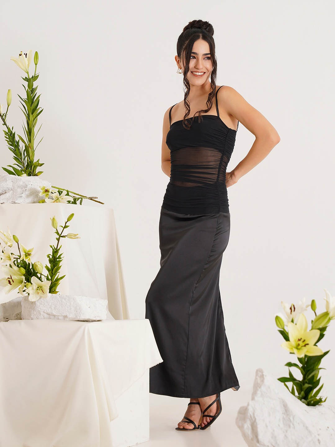 

PRIZO Semi Sheer Gathered Maxi Dress, Black