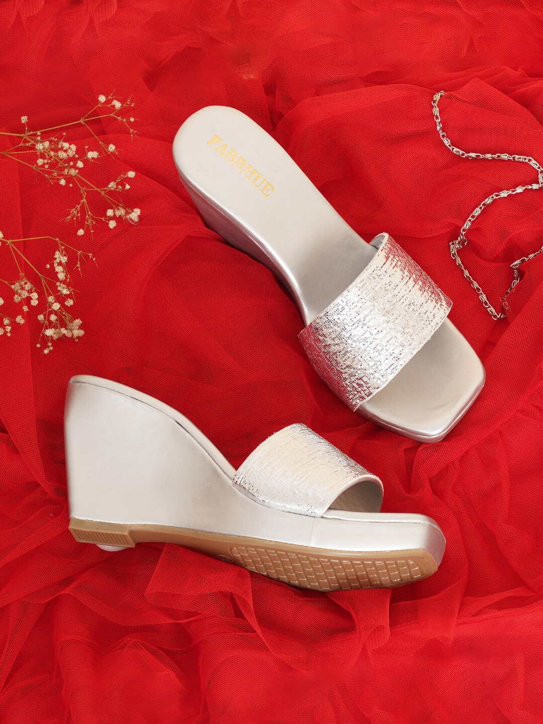 

FABBHUE Embellished Open Toe Wedges, Silver
