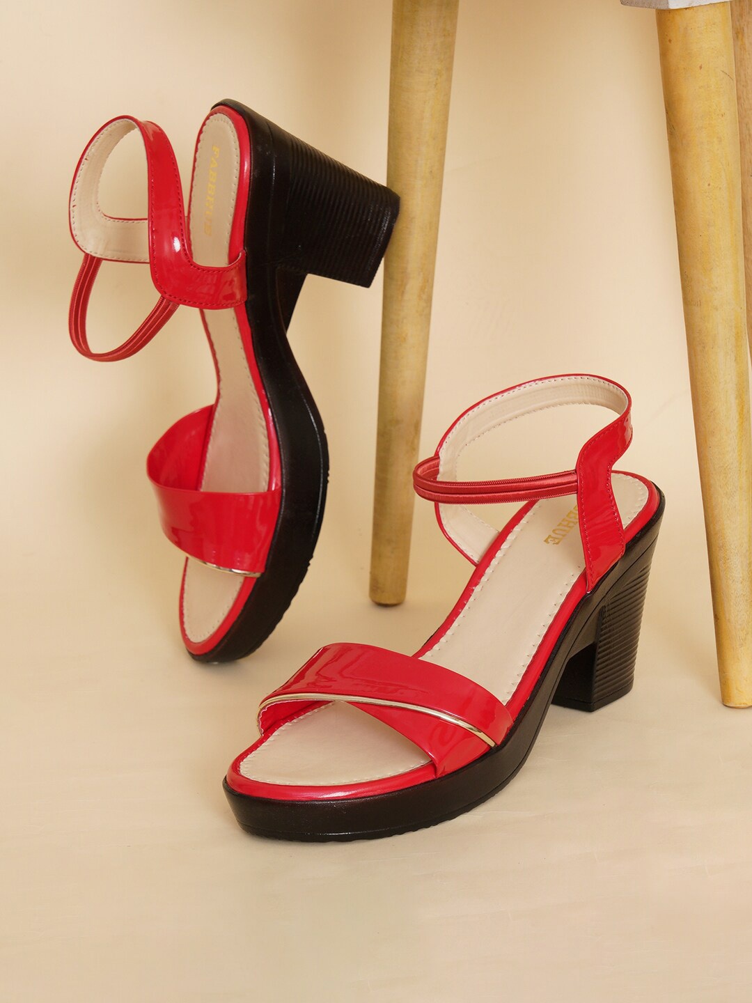 

FABBHUE Open Toe Block Heels With Backstrap, Red