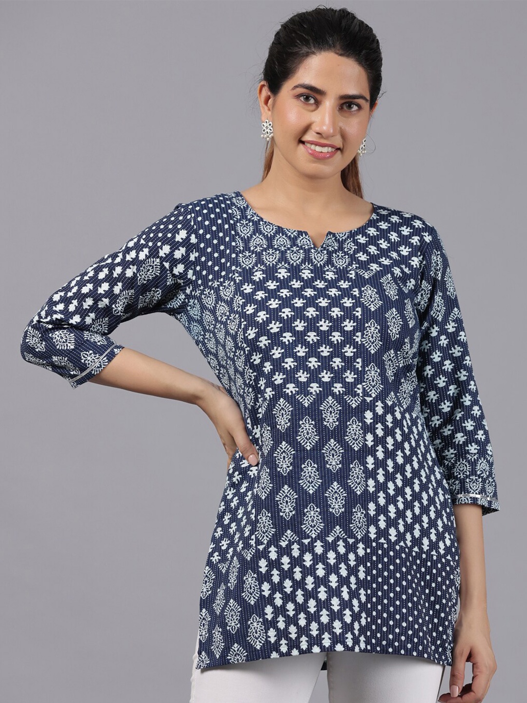 

PARCHHAI Ethnic Motifs Printed Cotton Top, Blue