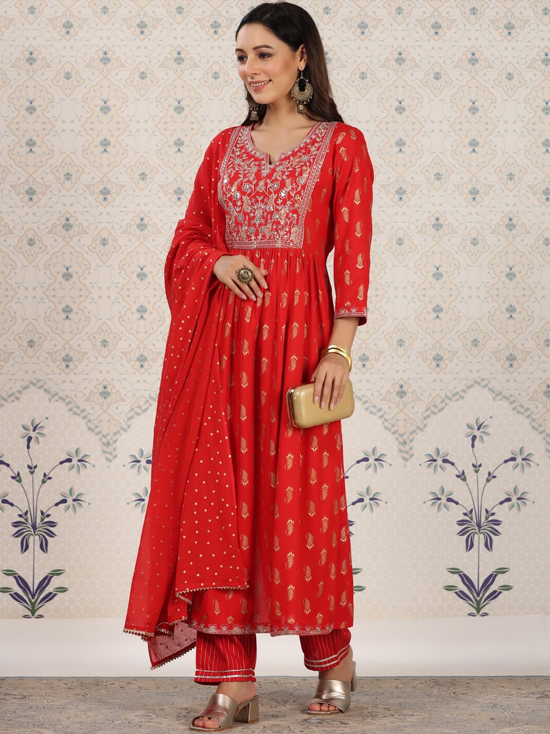 

Ode by House of Pataudi Red Paisley Printed Anarkali Kurta & Palazzos With Dupatta