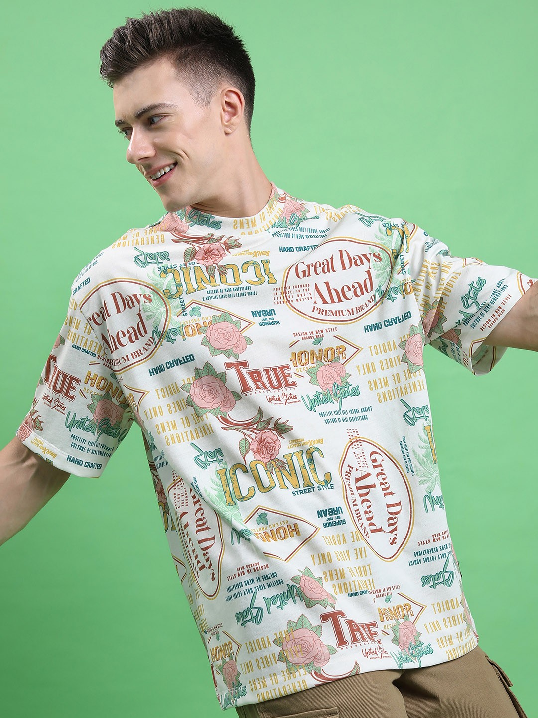

HIGHLANDER Unisex Typography Printed Drop-Shoulder Sleeves Oversized Tshirt, Beige