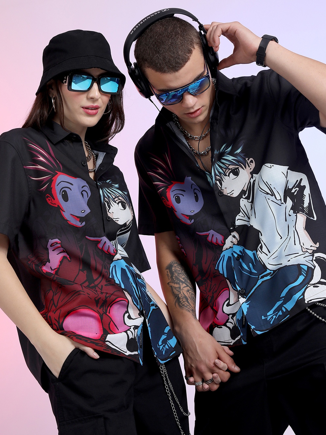 

HIGHLANDER Unisex Graphic Anime Printed Boxy Drop-Shoulder Casual Shirt, Black