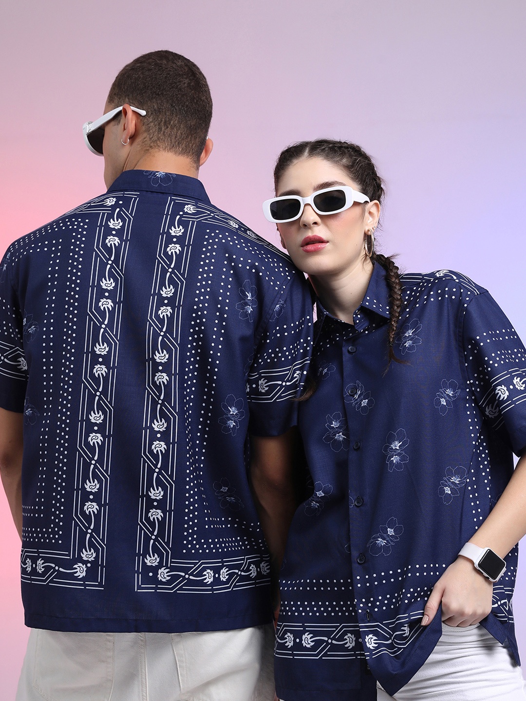 

HIGHLANDER Floral Printed Drop Shoulder Boxy Oversized Casual Shirt, Navy blue
